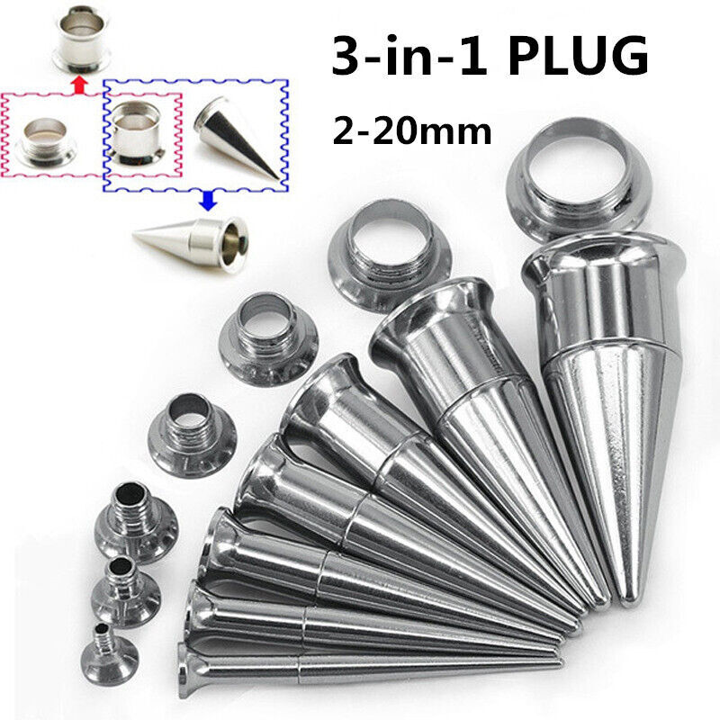 1 par de túneles de tapón de oreja de acero inoxidable de 2-20 mm 3 en 1 doble acampanado