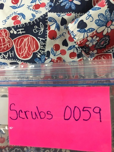 Barco Womens Scrub Top Size S White Blue Red Hearts Cherries Pockets V neck - Picture 13 of 14