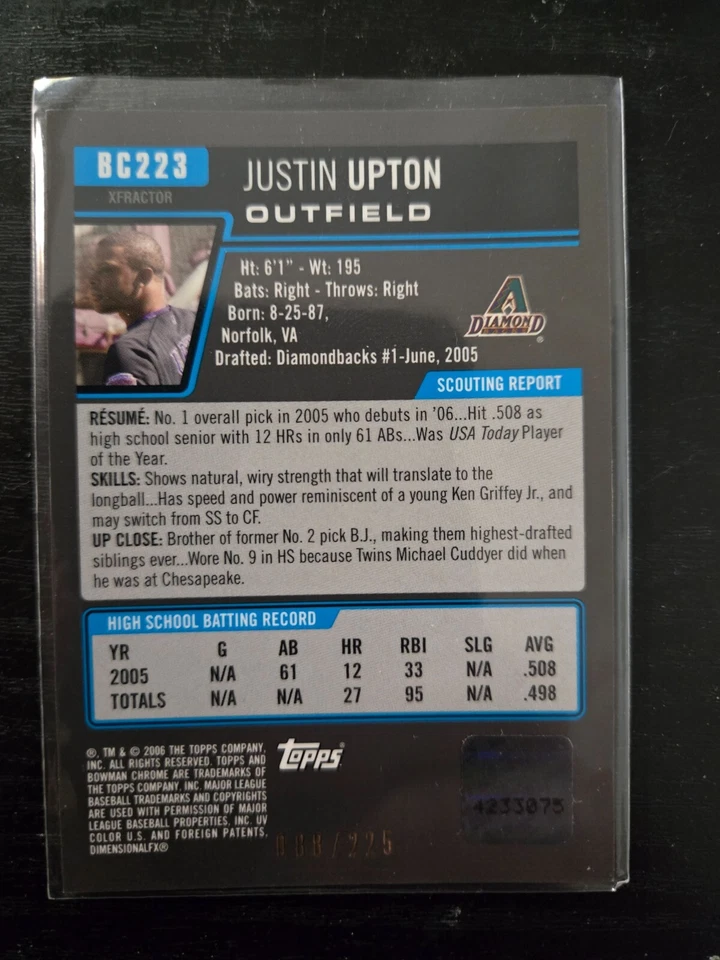 Bowman Chrome Justin Upton X-Fractor 2006 autógrafo automático primera radiocontrol novato #D/225 Foto 2 de 2