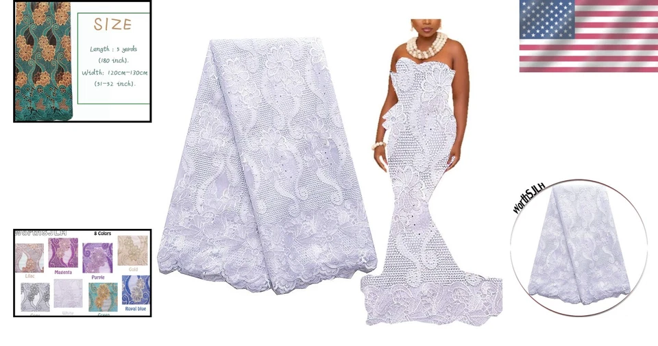 Elegante tela de encaje nigeriano - 5 yardas de tul soluble en agua en varios colores Foto 2 de 4