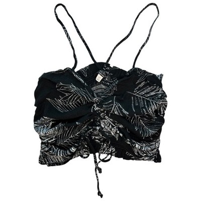 NWT Final Touch Black Smocked Crop Top Spaghetti Strap Ruched Tie Front S