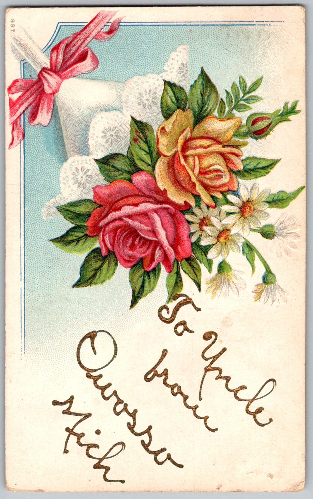 Antique Postcard Embossed Roses Daisies Bouquet 1910s