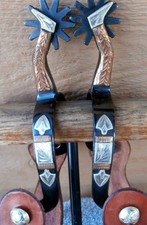 Double mounted Lady Gal Leg Black Spurs with Silver Copper Basket Stamp Straps