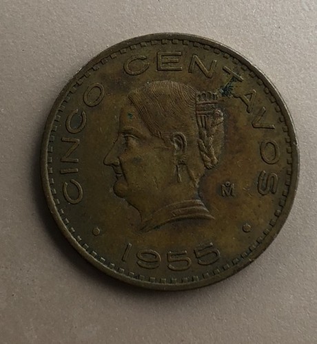 1955 Mexico Mexican 20 Centavos Coin Bronze Color