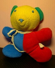 Vintage Eden Teddy Bear Plush Baby Rattle Toy Primary Colorblock Terrycloth 7  