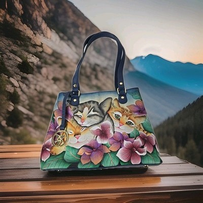 NWOT - Anuschka Hand Painted Shopper Leather Satchel Three Kittens Cats Bag