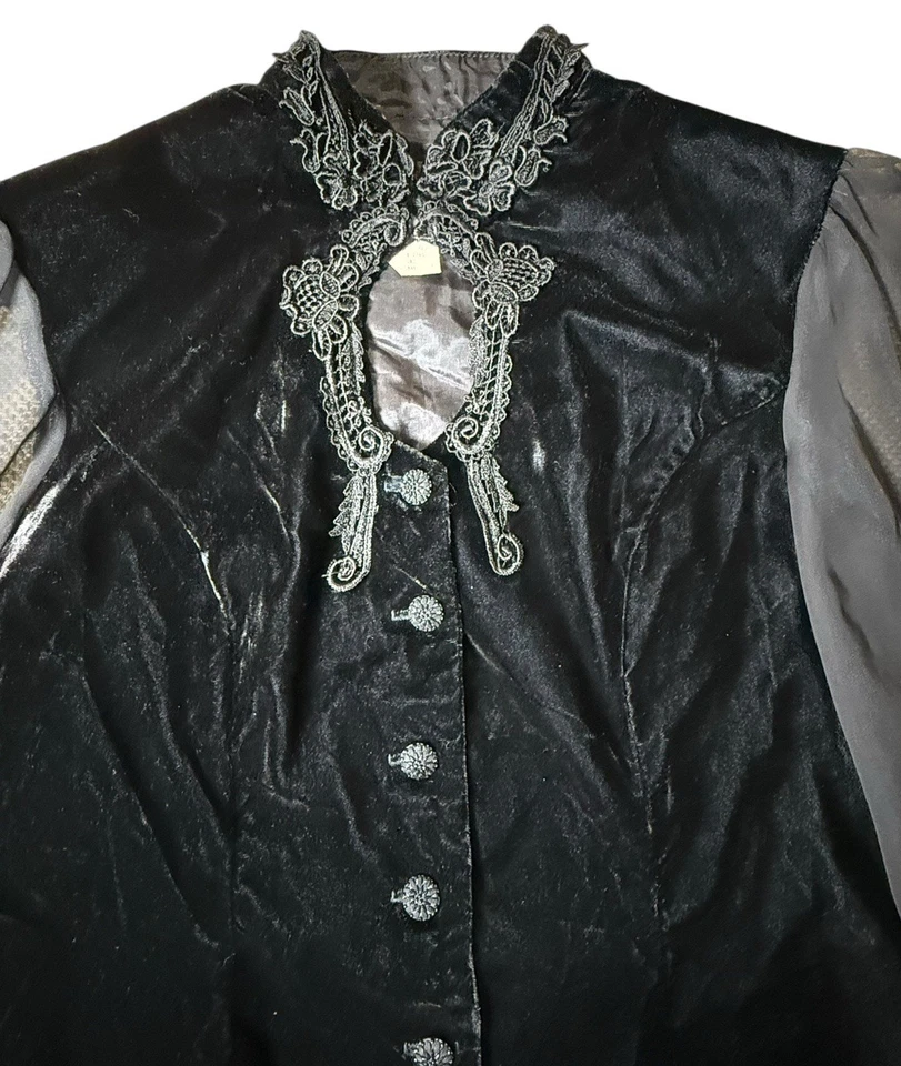 David Rose Velvet Blouse Sheer Sleeves Black Embroidered Victorian Cosplay Goth - Image 2 of 4