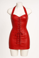 Red Genuine Leather Halter Mini Dress with Corset Lace-Up Gothic Clubwear