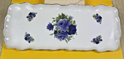 Formalities by Baum Bros Blue Roses 15'' Platter Rectangular Tray Gold Trim