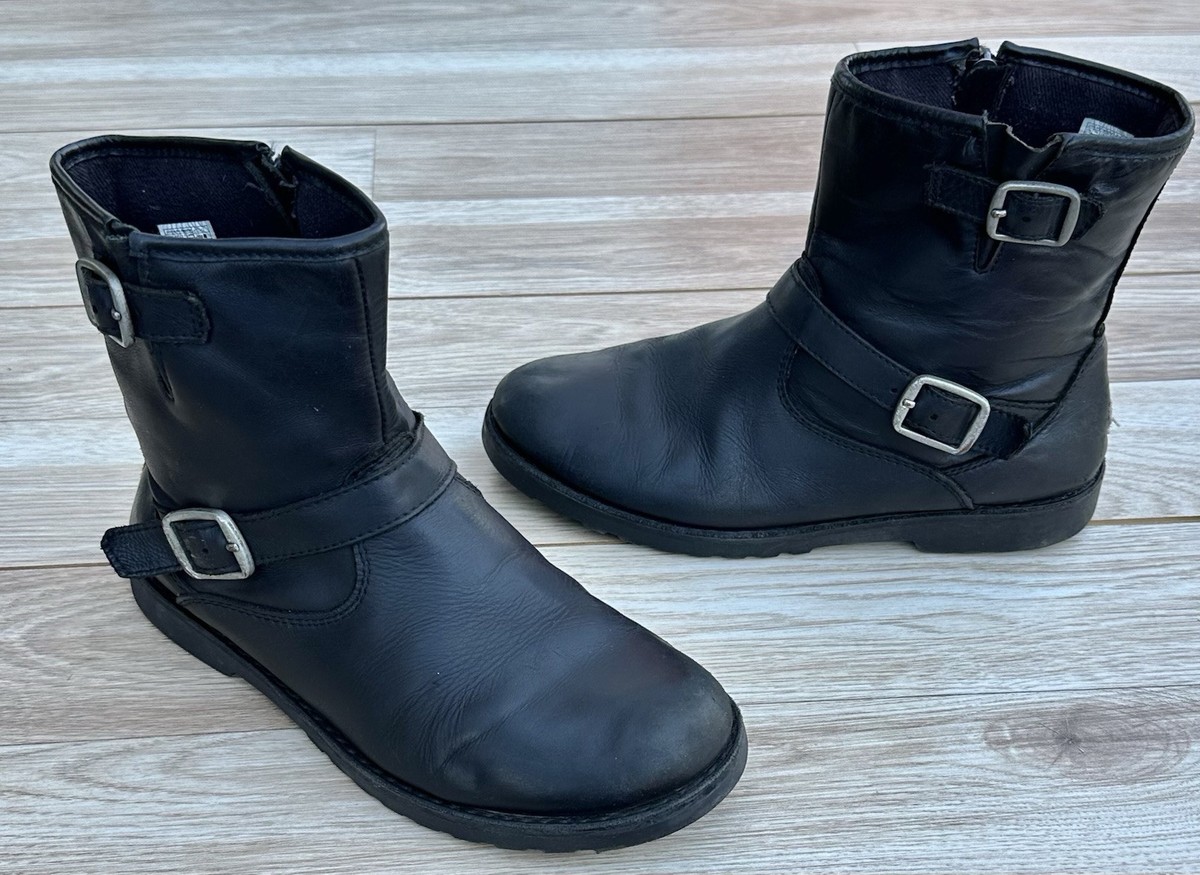 UGG Harwell Buckled Tan Black Leather Ankle Boots Size Youth Girls Side  Zip