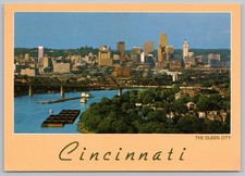 Cincinnati Skyline Ohio River Barge Crossing L&N Train Bridge Postcard UNP 4x6