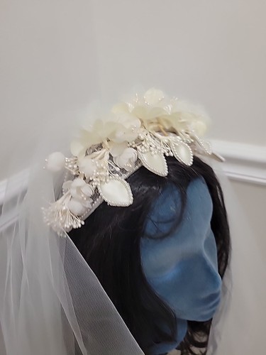 Copricapo velo da sposa vintage '80 con perline/fiori 2 livelli/32" - Foto 5 di 11