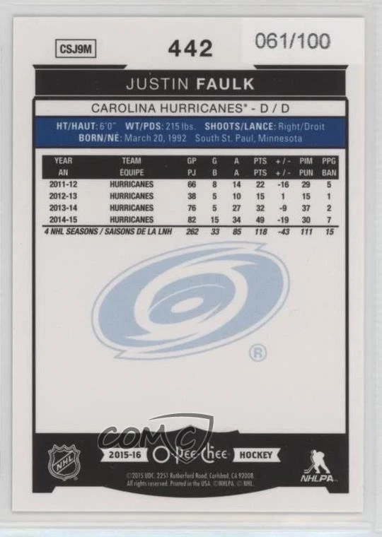 2015-16 O-Pee-Chee Rainbow Foil Black /100 Justin Faulk #442 - Image 2 of 2