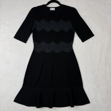 RED Valentino Dress S Small Black Lace Panel Knit 3/4 Sleeve Fit Flare 