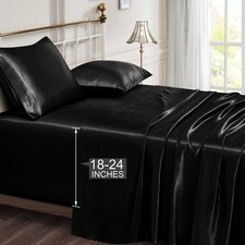Vonty Black Satin Sheets Queen Extra Deep Pocket 18-24In 4PC Silky Soft For...