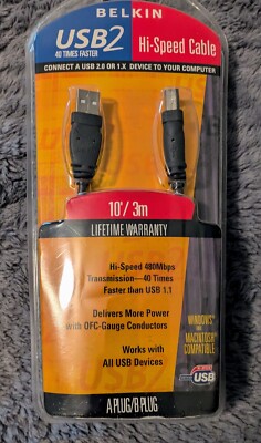 Belkin USB2 Hi-Speed Cable 10'/3M 480Mbps A/B Plug New NIB Windows & Mac New 