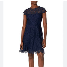 Eliza J Women’s Size 8 Scallop Lace Navy Blue Sleeveless Midi Dress Back Zip