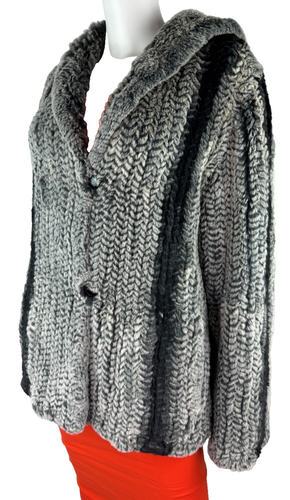 Designer New 10 12 US 46 48 IT M L Gray Black Knit Rabbit Fur Hood Coat Jacket - Picture 7 of 9