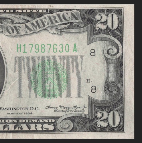 1934 St Louis Twenty Dollar Bill H17987630A Back Plate H9 403 Mule Note - Picture 6 of 11