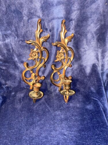 2 Vtg Cast Iron Metal Candle Holders Wall Sconces  13” Candlestick Leaves Flower - Afbeelding 1 van 3