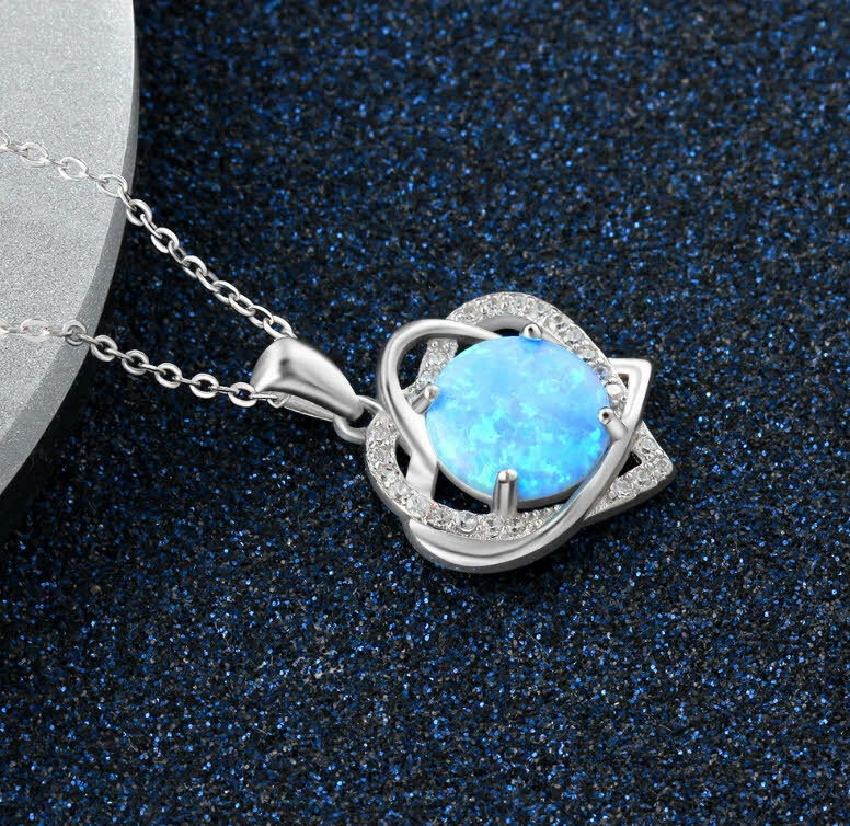 E05 Cuore 2 Cuoricini Blu Opale di Fuoco Argento Sterling 925 Rimorchio E Catena - Immagine 4 di 4