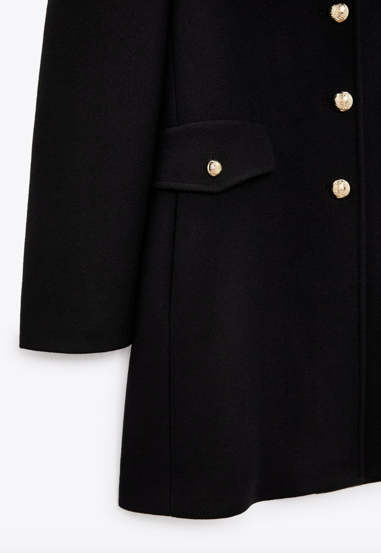 ZARA WOMEN NEW WOOL BLEND FITTED COAT removable faux fur BLACK