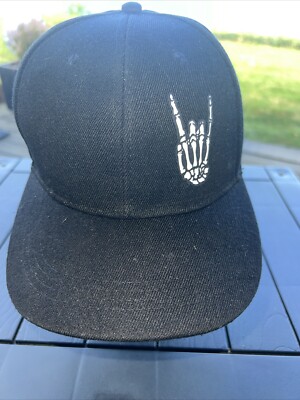  Rock On  Skeleton Hand White on Black Hat Cap Unbranded Hook Loop