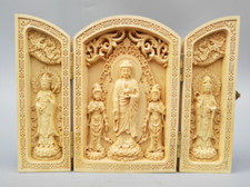 4.1" Boxwood Carving Sakyamuni Guanyin Bodhisattva Buddha Statue Folding Box