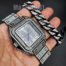 SIMULATED DIAMOND METAL SQUARE HIP HOP BLACK BLING WATCH ICED CUBAN BRACELET