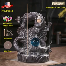 Backflow Incense Burner Holder Dragon Waterfall & Cones & X Mas Gift Card Free