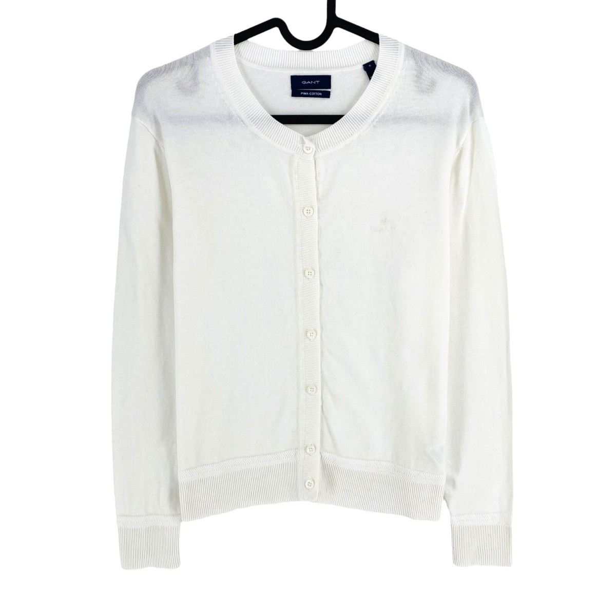GANT Womens White Cotton Crew Neck Cardigan Jumper Size S