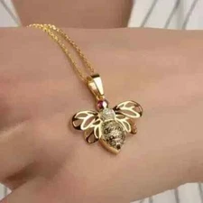 14KYellow Gold Plated 18 Chain 1.3Ct Round Lab Created Diamond Honey Bee Pendant