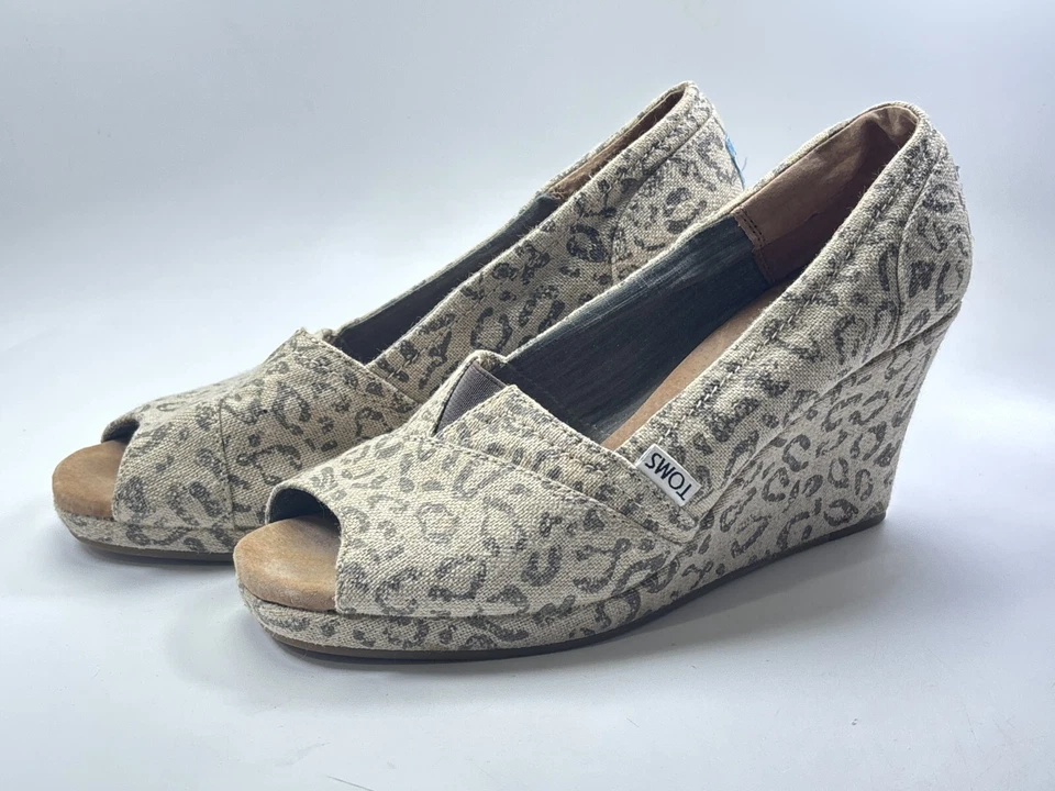 Zapatos Toms Mujer Talla 9.5 Guepardo Leopardo Estampado Animal Cuña Lona Tacones Verano Foto 2 de 4