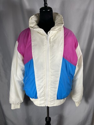 Vintage Retro Puffer Jacket Coat Color Block Ski 70s 80s Down Insulted Zip  Large