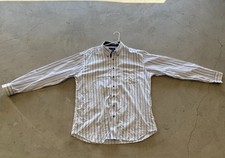 Paul Frederick Non-Iron Two Ply Shirt Mens 18 1/2 38 White Blue Stripe Formal