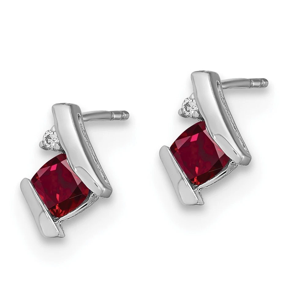 14k White Gold 4mm Cushion Lab Created Ruby and Diamond July Stud Earrings - Image 2 of 4