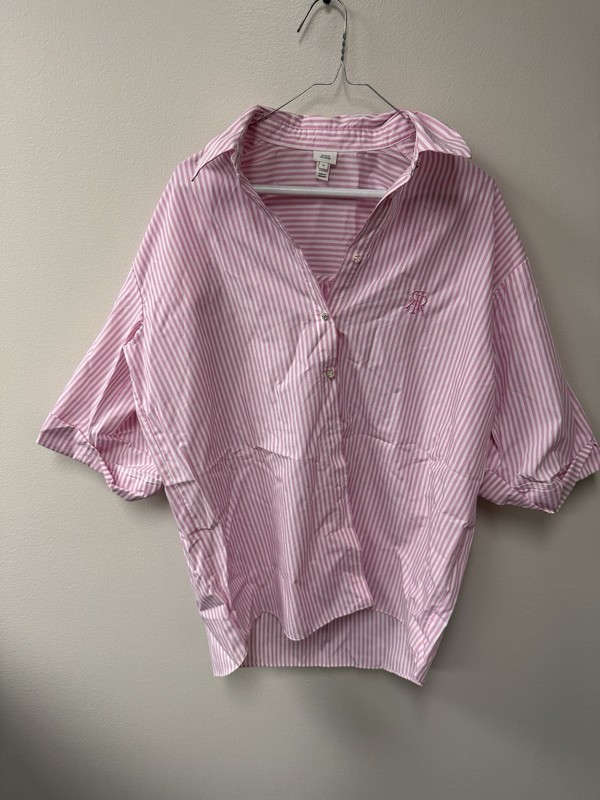 River Island Women’s Pink and White Striped Oversized Shirt Size 8
