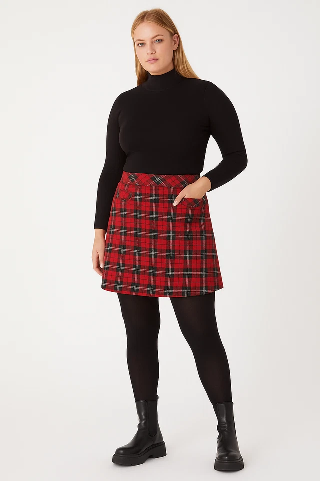 Size 8 to 22 Women's Tartan Stretch Skirt Woven Festive Christmas Skirt Red - Image 2 of 4