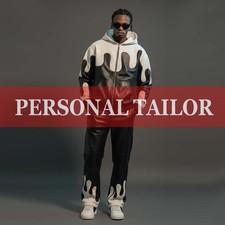 Men's Genuine Real Lambskin Leather Hoodie TrackSuit Sweatsuit Black/White
