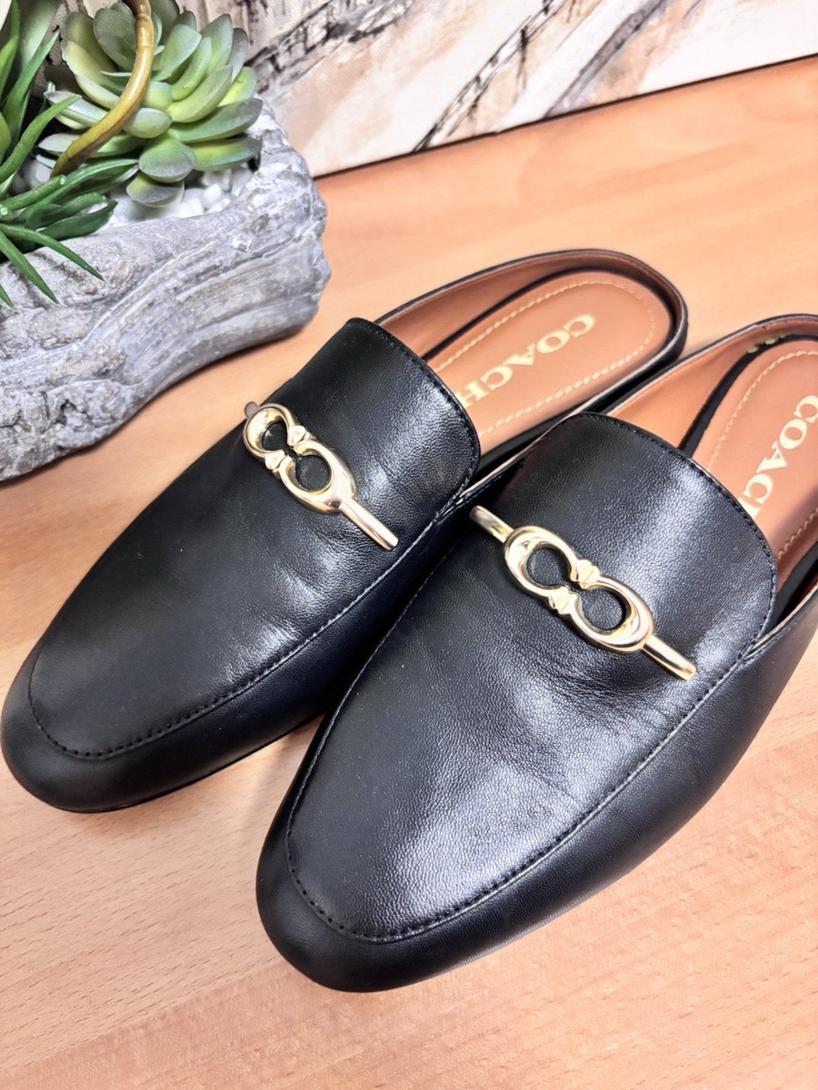 COACH Sienna Leather Slide Loafer Shoes Mule Black Gold  display picture 1