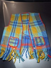 Vintage Mexican Serape Vest Wool Plaid Fringe Boho Hippie Tilma Escocesa