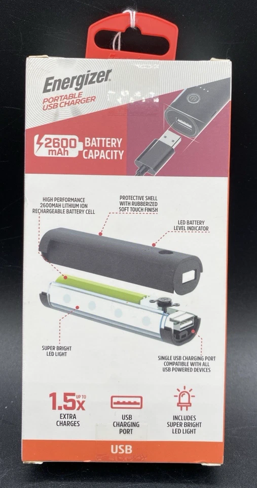 Cargador USB de batería portátil de respaldo con luz LED 2600 mAh energizador Foto 3 de 4