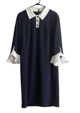 Shelby & Palmer Midi Dress 16 Collared Navy Secretary Buttons Vintage Classic