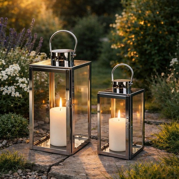 Mojawo® 2Tlg XL Luxus Edelstahl Gartenlaternen Set Windlichter Laterne Rostfrei-image