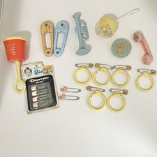 Vintage Plastic Baby Rattles And Diaper Pins Lot Of 19 Pieces