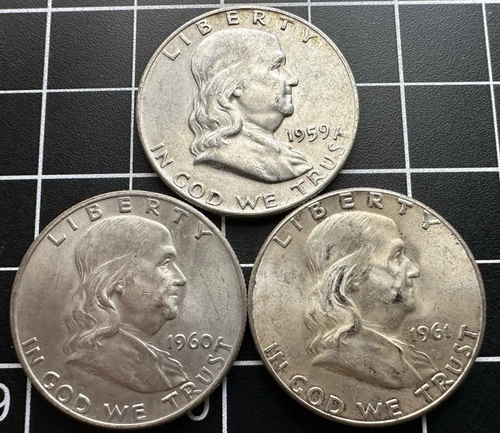 1959-D 1960-D 1961-P Franklin Half Dollar Lot of 3 90% Silver 50c VF/EF