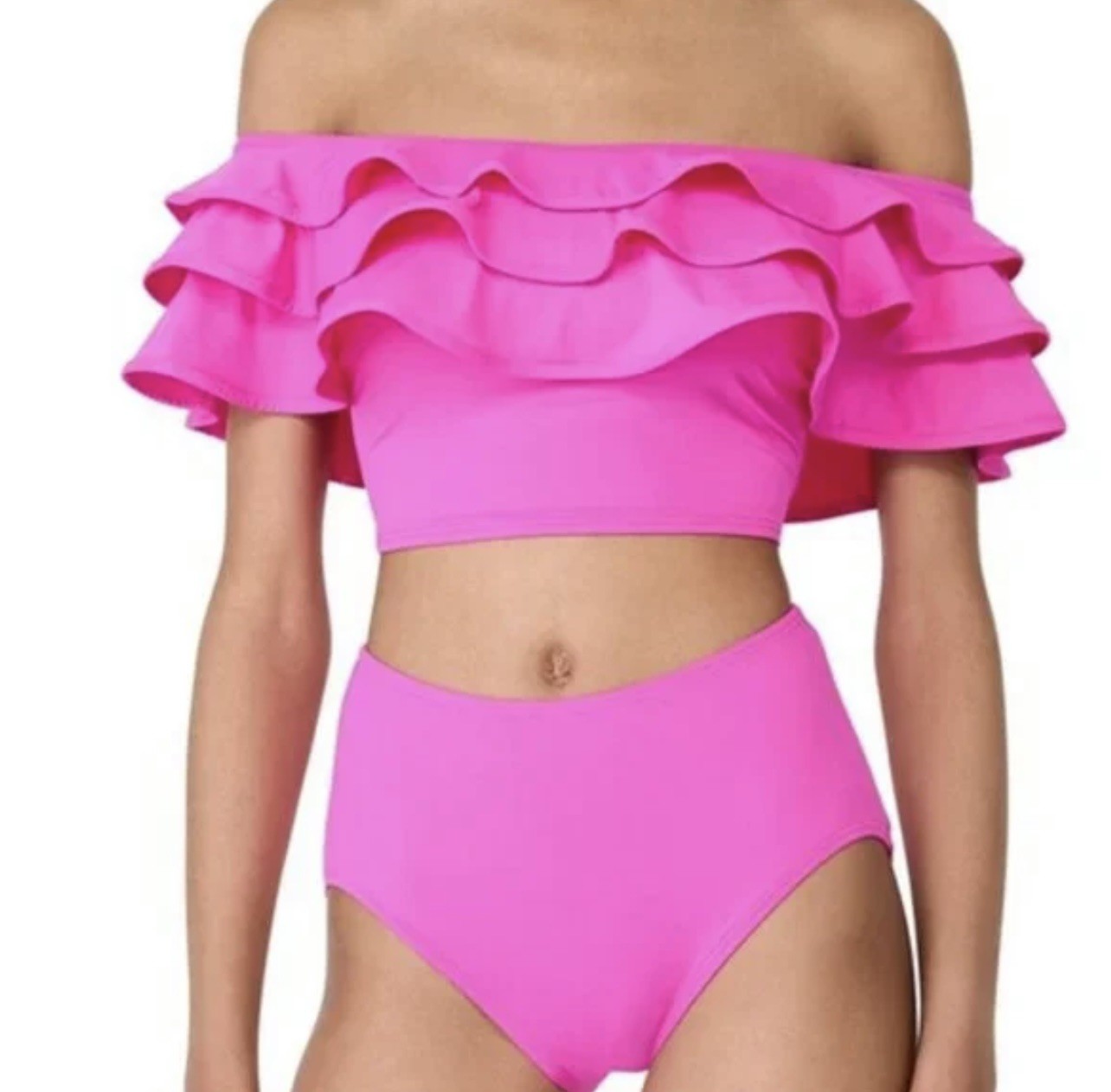 Kate Spade Ruffle Off The Shoulder High Waist Two Piece Bikini Swim Pink New XS
