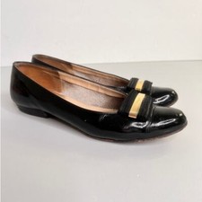 Ferragamo Vintage Black Leather Ballerina Gold Logo Detail Flats 6.5 AA Narrow