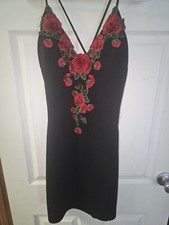 Black Floral Rose Detailed V-Neck Bodycon Valentines Day Dress Large Windsor Nwt
