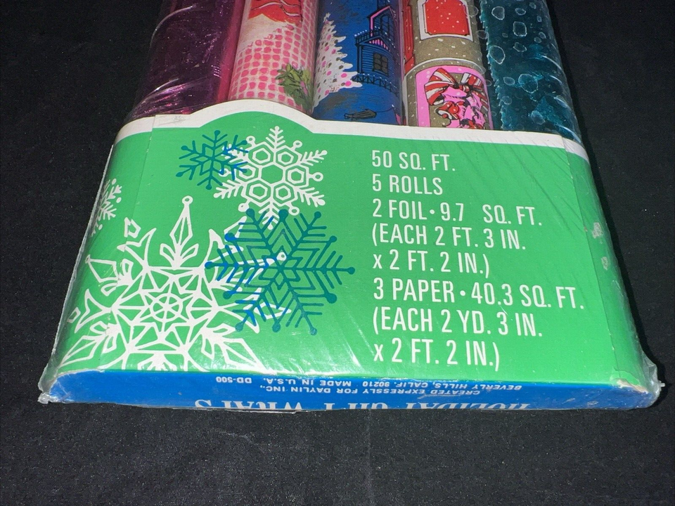 Vintage Holiday Wrapping Paper Blue Pink Foil Daylin Beverly Hills